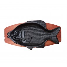 Heavy Fish Shape Cast Iron  Chinese Hot Sizzling Plate / Sizzler Plate with wooden base 